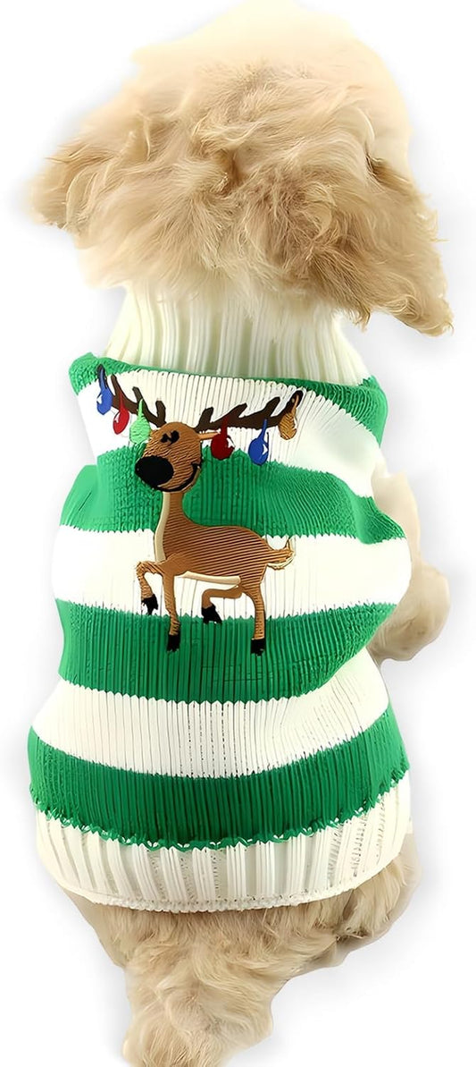 Dog Christmas Reindeer Sweater Pet Winter Elk Bells Sweaters for Small Dog and Cat (S, Green)