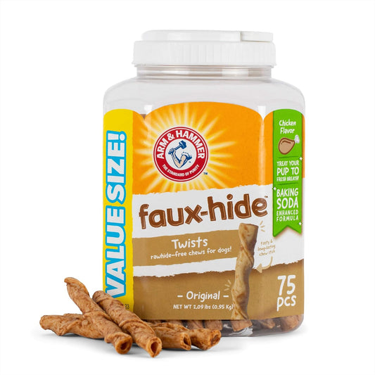 Faux-Hide Dog Dental Treat Twists in Chicken Flavor, 75 Pcs Value Bucket | Rawhide Free Dog Chews Dental Treats Baking Soda Dog Treats for Plaque and Tartar Control