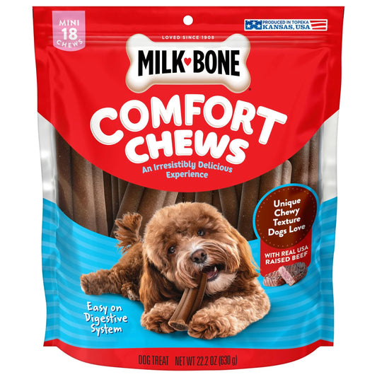 Milk Bone Mini Comfort Chews, Dog Chews with Unique Chewy Texture and Real Beef, 22.2 Oz Bag of 18 Chews