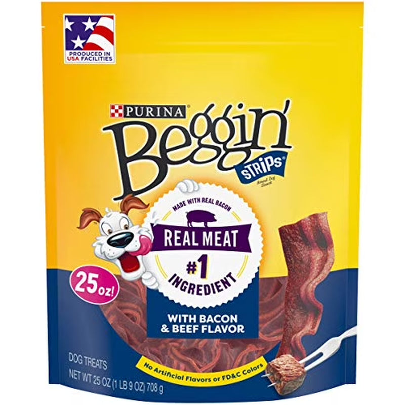 (4 Pack) Purina  Strips Dog Treats with Real Bacon & Beef Flavors Tender Chews, 25 Oz Pouch
