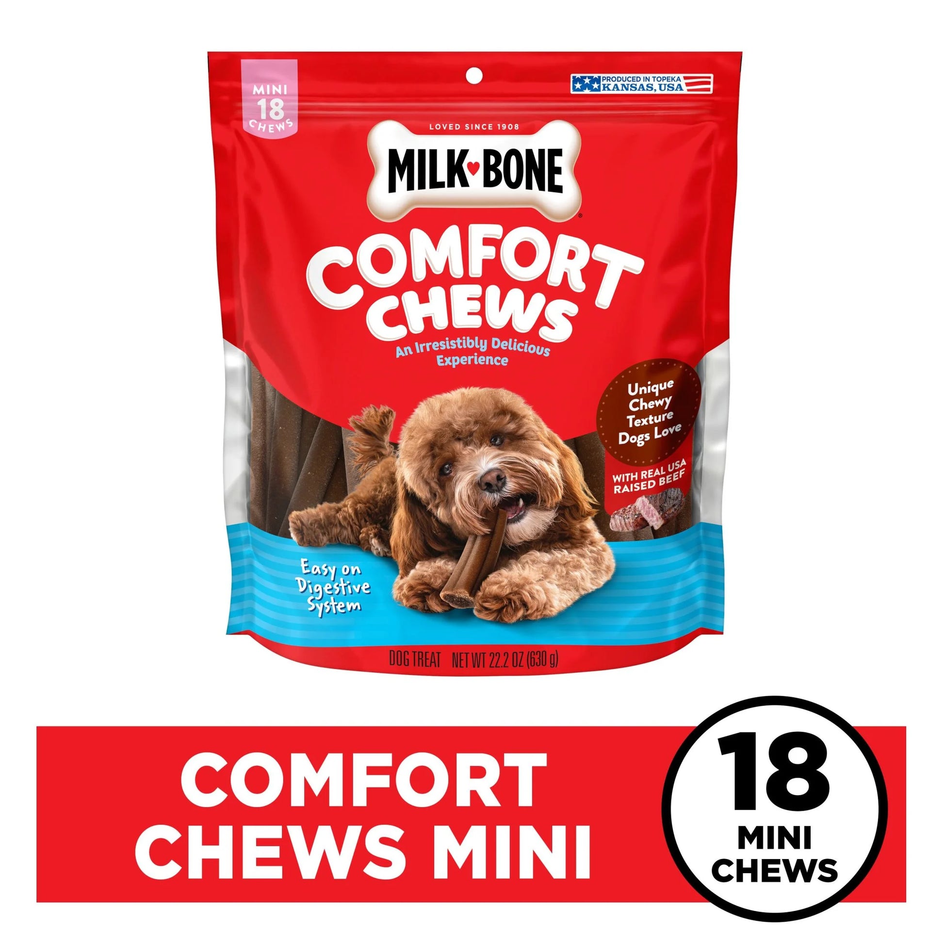 Milk Bone Mini Comfort Chews, Dog Chews with Unique Chewy Texture and Real Beef, 22.2 Oz Bag of 18 Chews