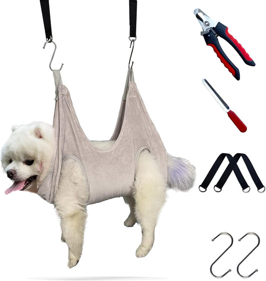 Dog Grooming Hammock for Trimming Nails, Soft Pet Grooming Sling Holder Restranits Drying Towel for Dogs& Cats, Hanging Harness with Nail Clipper/File
